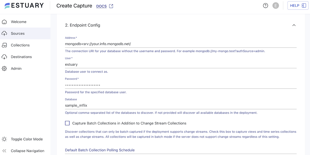 MongoDB capture connector setup in Estuary