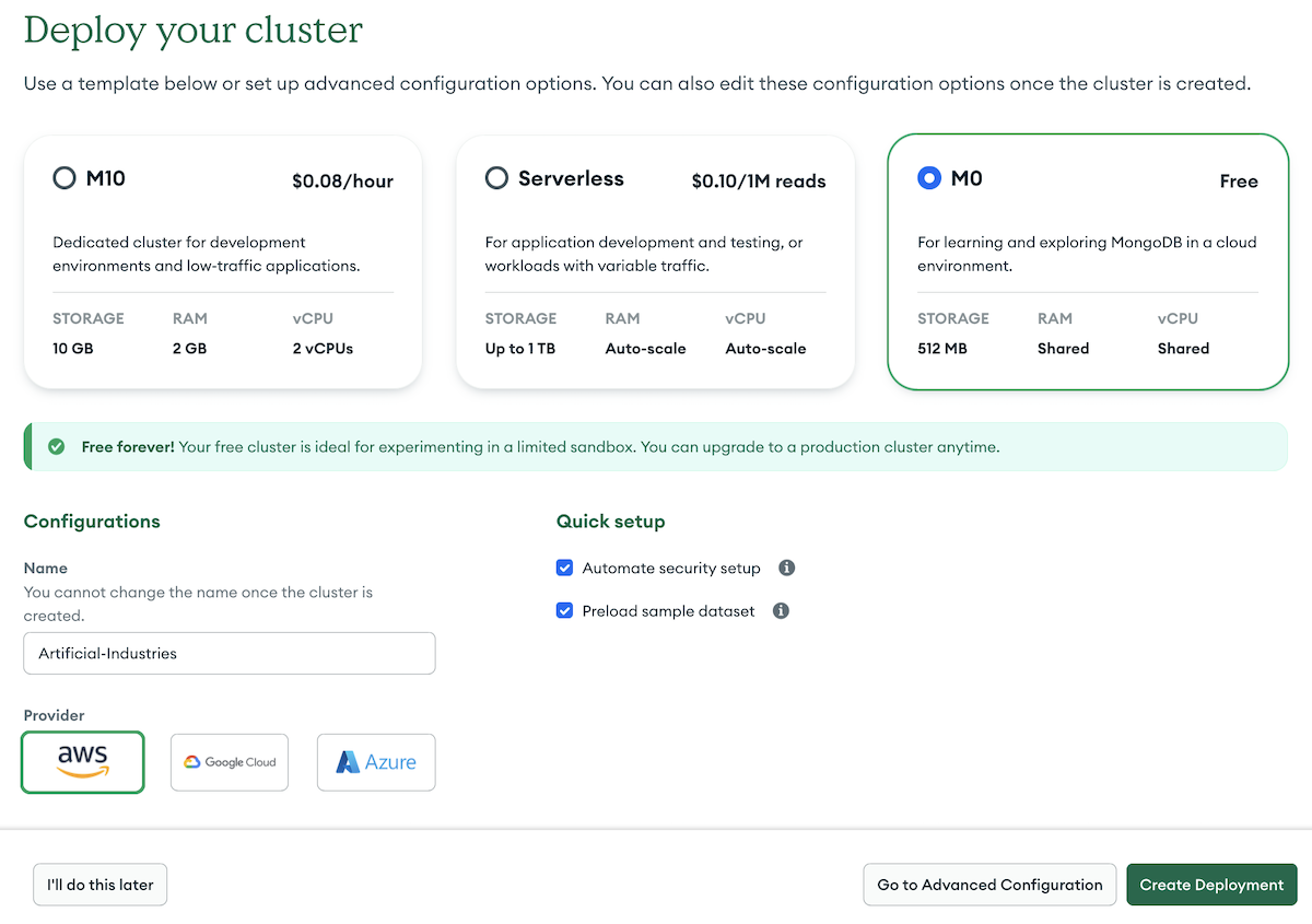 MongoDB cluster configuration screen