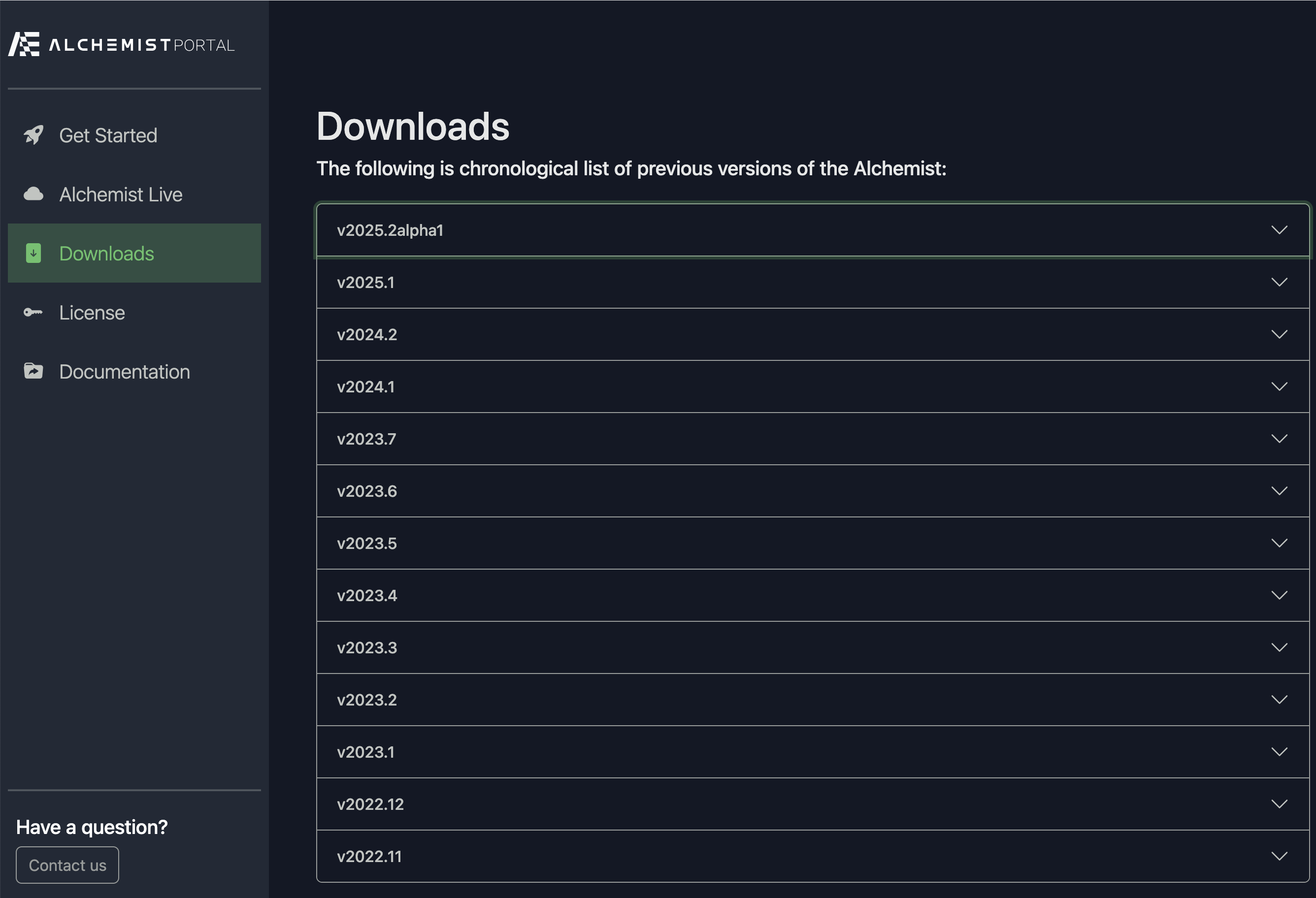 Alchemist Portal Downloads page showing the 2025.2 macOS and Windows installers