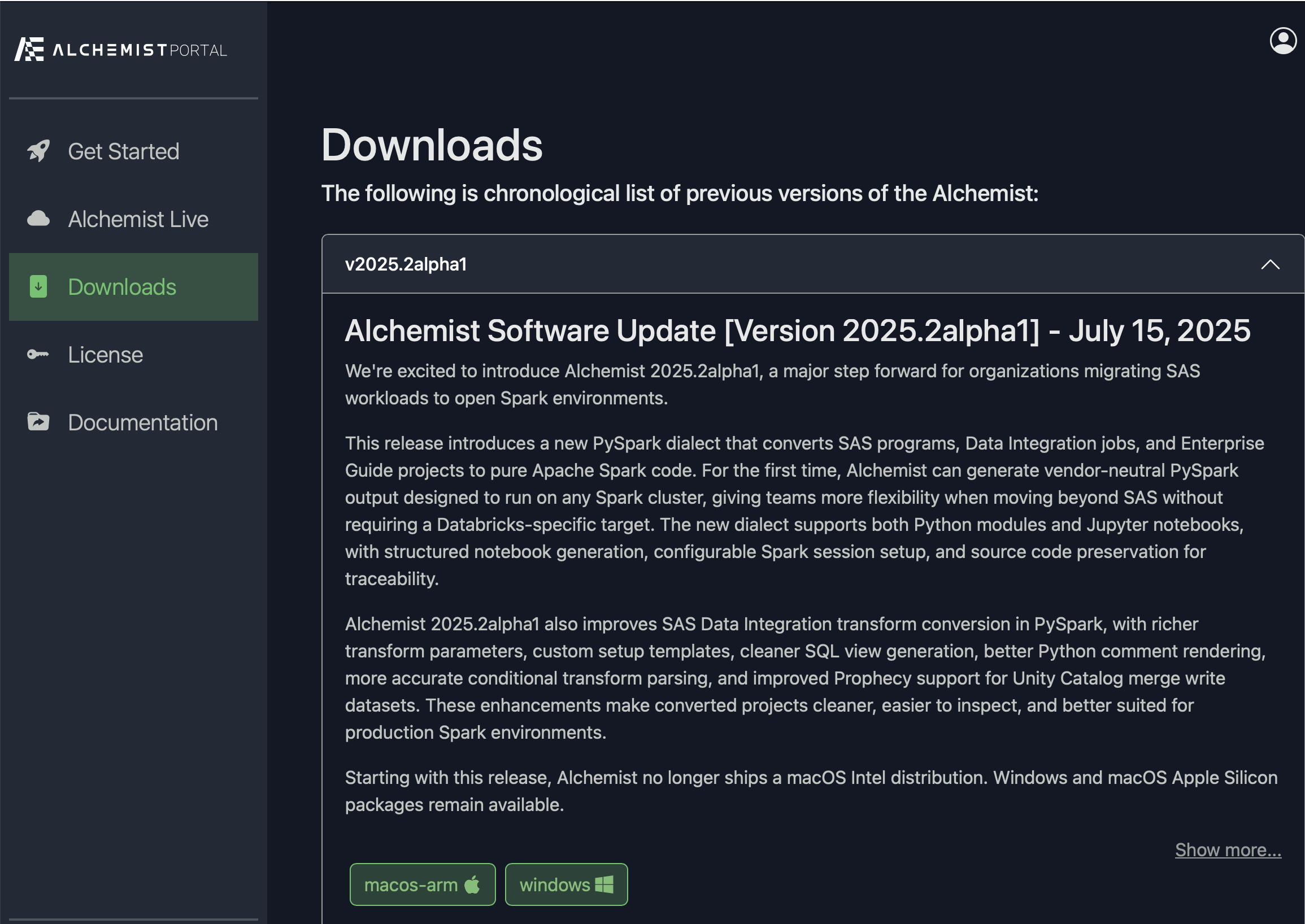 Alchemist Portal Downloads page showing the 2025.2 macOS and Windows installers