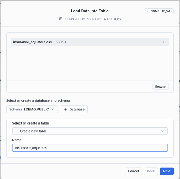 Load Data into Table dialog showing LDEMO.PUBLIC schema and insurance_adjusters table name
