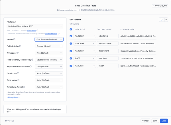 Configure data load options to parse headers