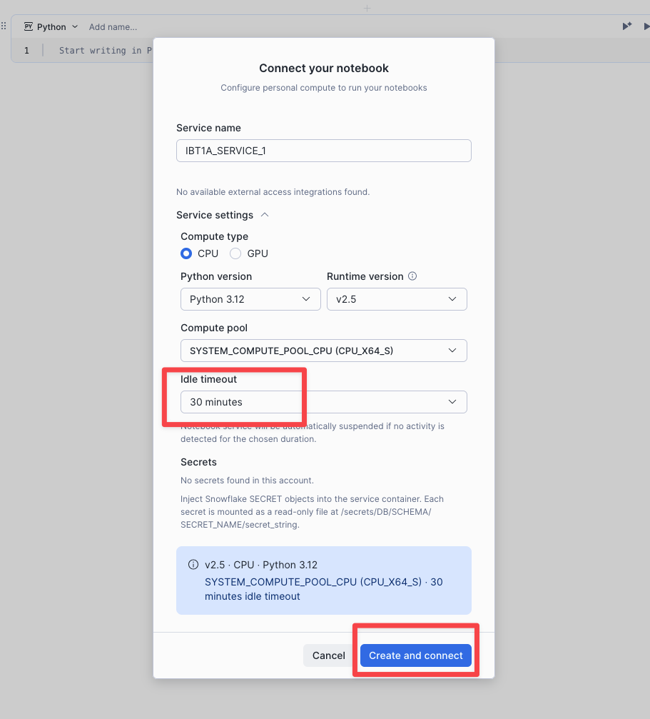 Connect notebook to the newly created compute service