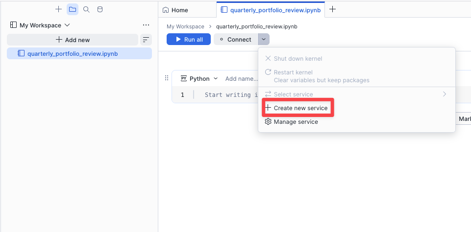 Create new compute service dialog with Idle timeout set to 30 minutes
