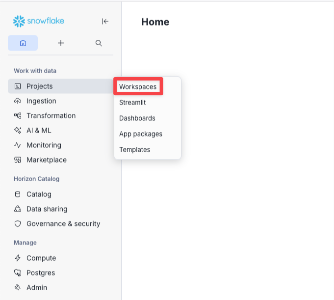 Snowsight Workspaces landing page