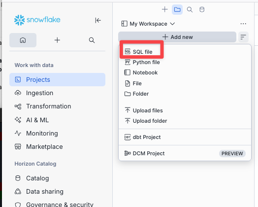 Add new SQL file in Snowflake Projects