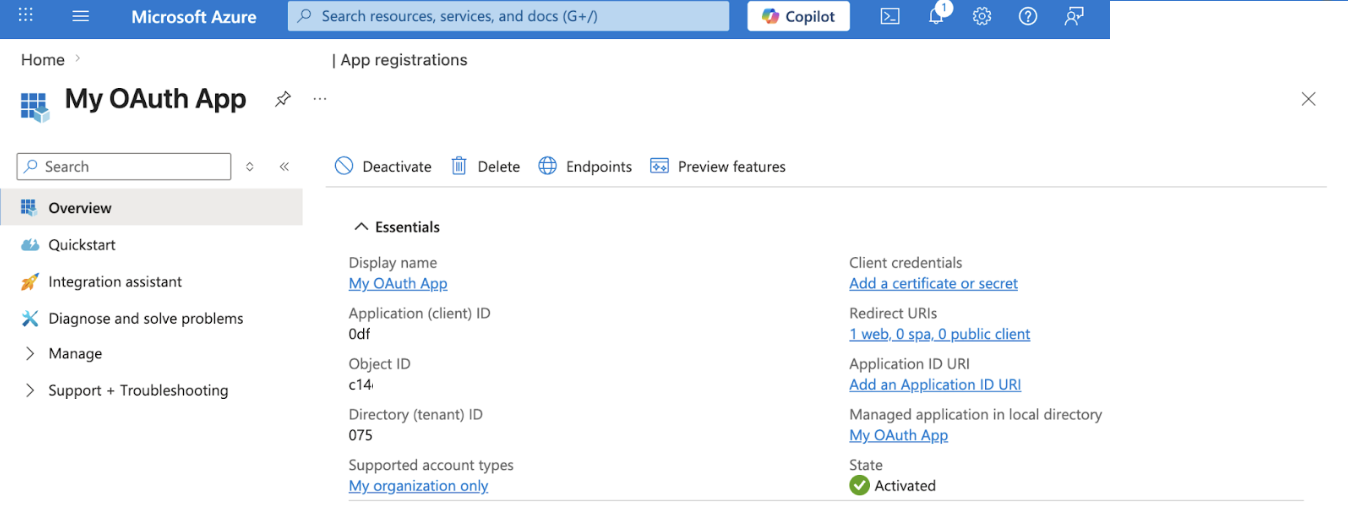 Entra app Overview with client and tenant IDs