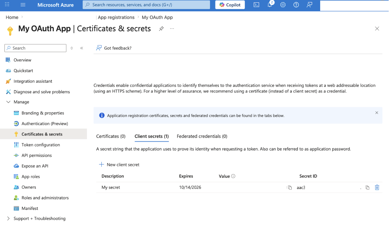 Entra Certificates & secrets — New client secret