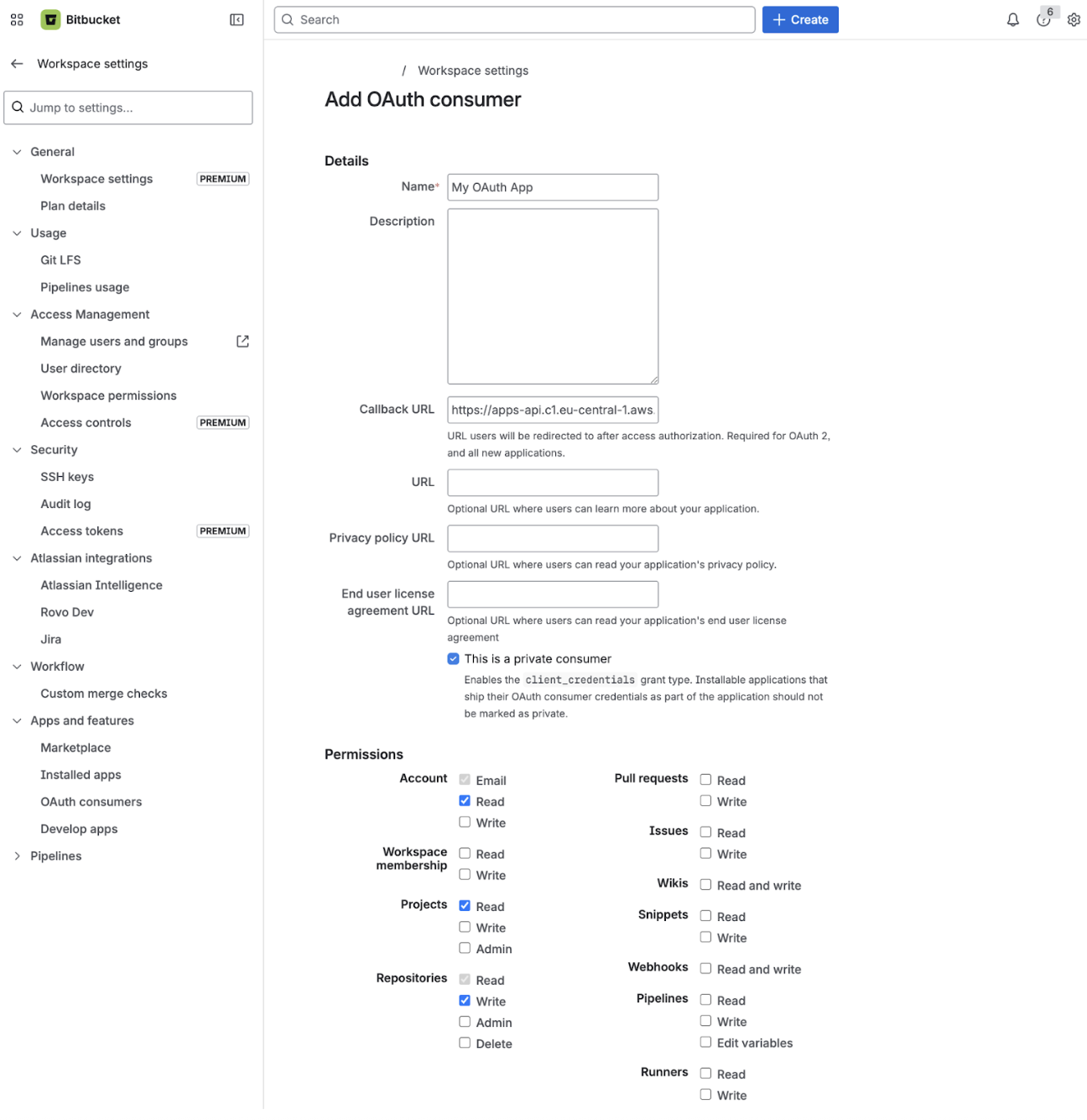 Bitbucket Add consumer form with permissions