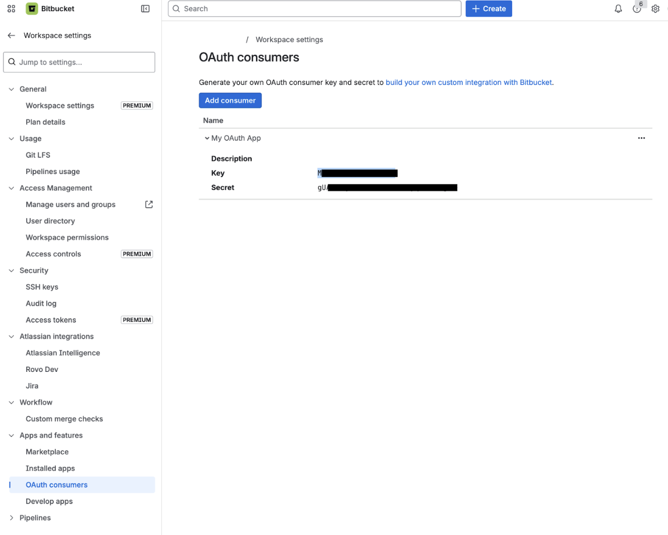 Bitbucket consumer Key and Secret