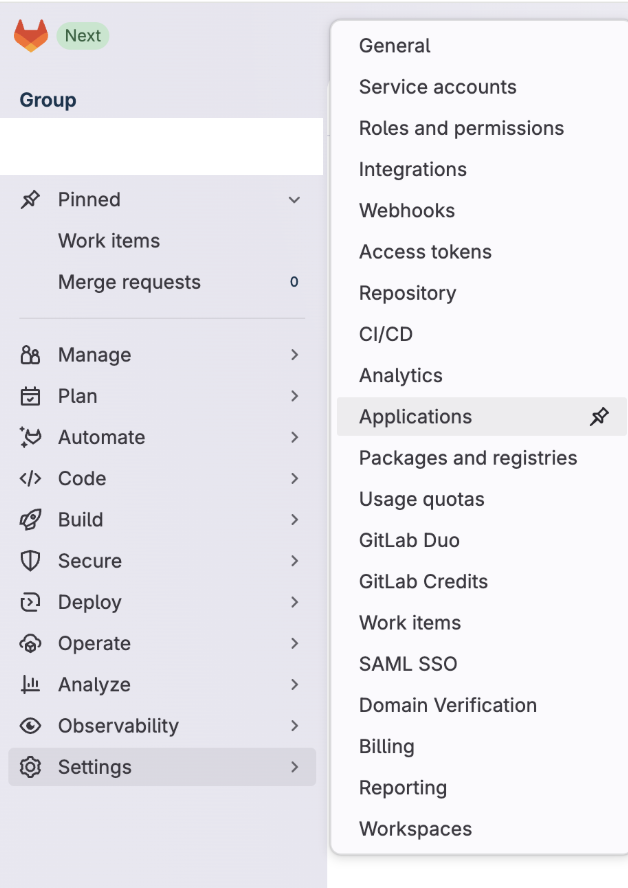GitLab group Applications settings