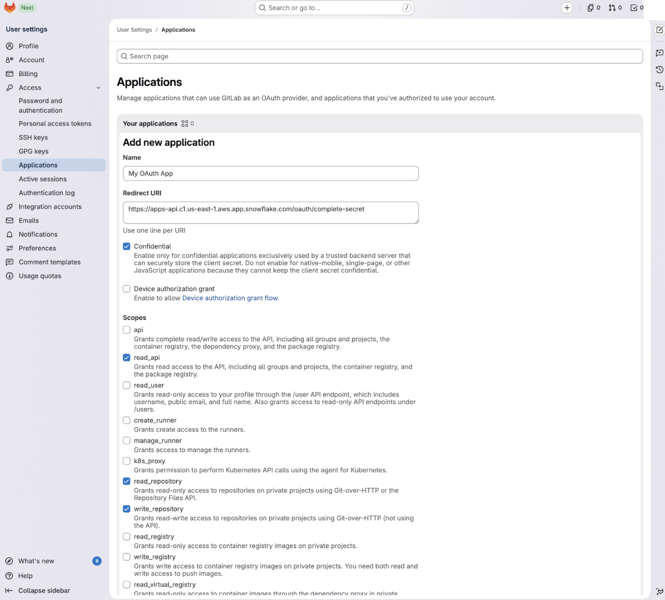 GitLab Add new application form