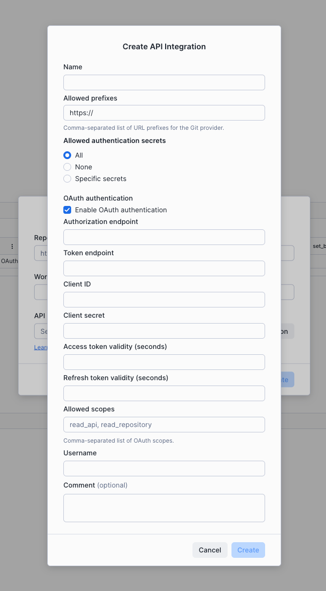 Snowsight Create API Integration dialog