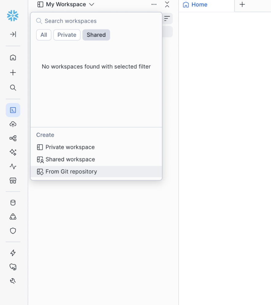 Snowsight workspace selector — From Git repository