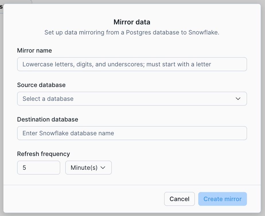 Postgres Mirror Creation Screen