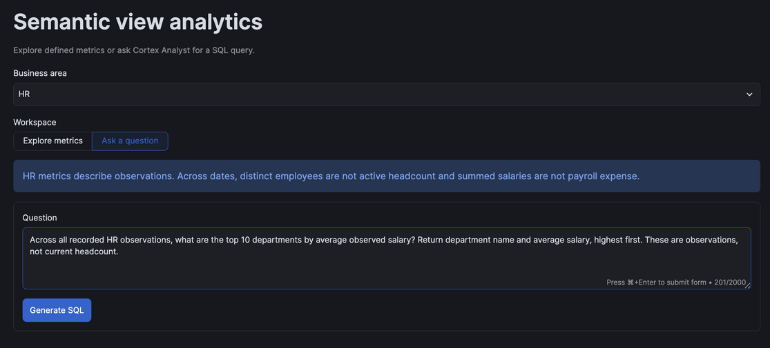 Question entered in the app before selecting Generate SQL