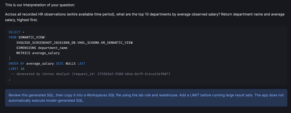 Cortex Analyst interpretation and generated semantic SQL with a manual-review reminder