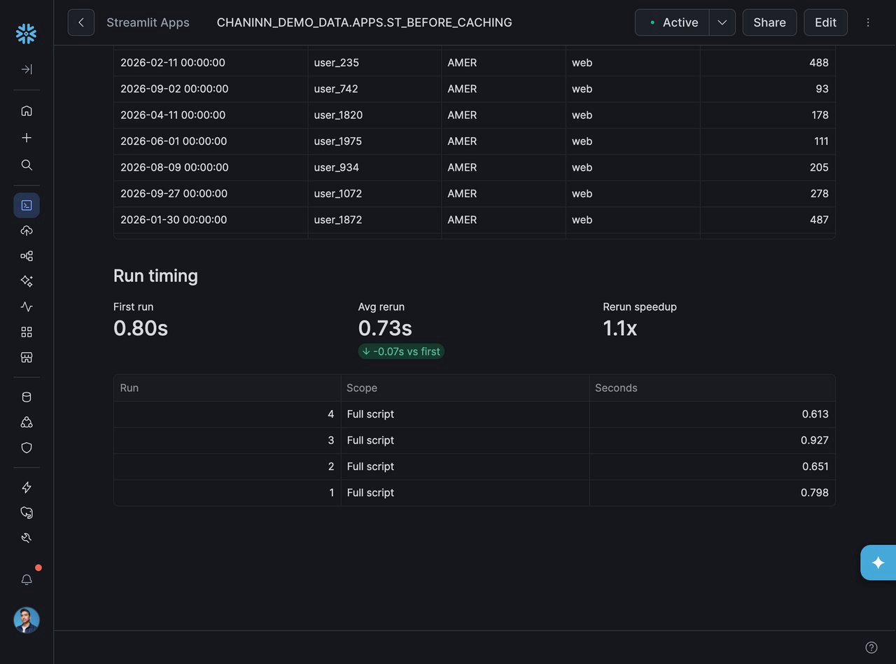 The before app in Streamlit in Snowflake: every rerun is logged as Full script and takes 0.6 to 0.9 seconds