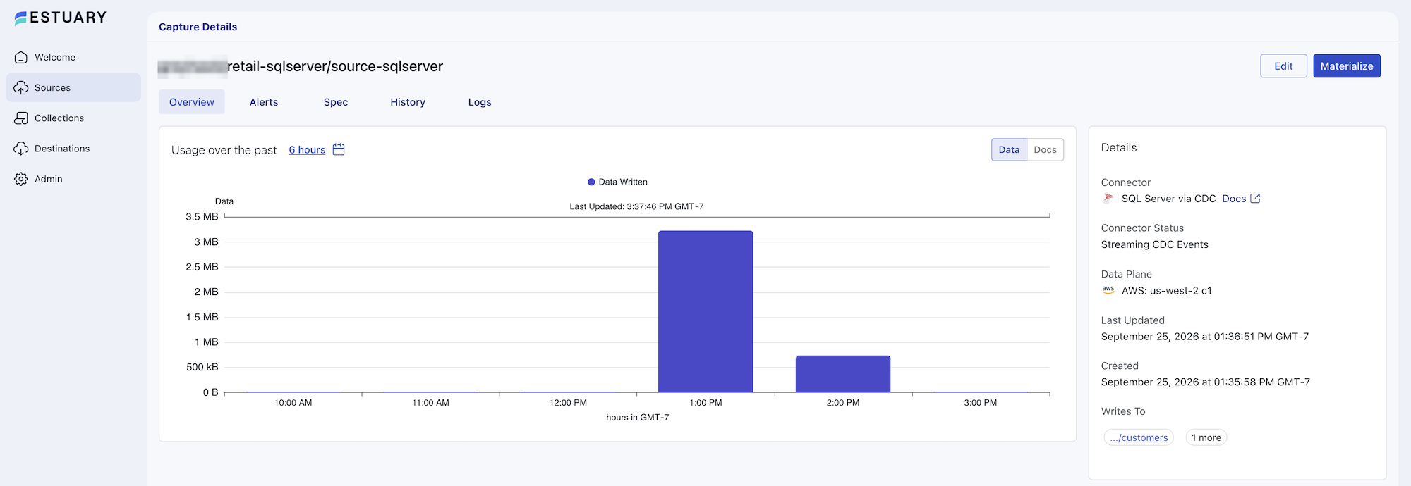 SQL Server capture details in Estuary showing a healthy, streaming capture