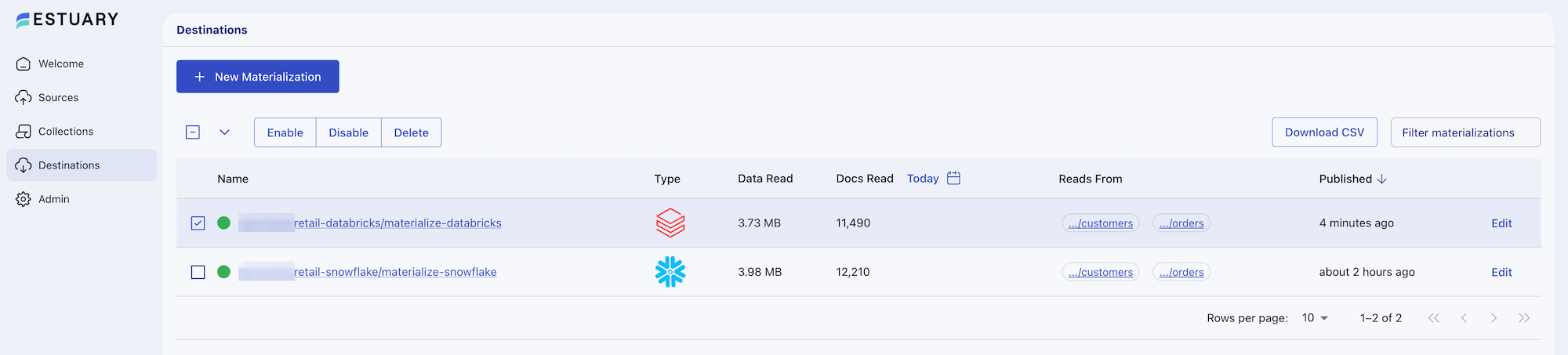 Disabling the Databricks materialization in Estuary