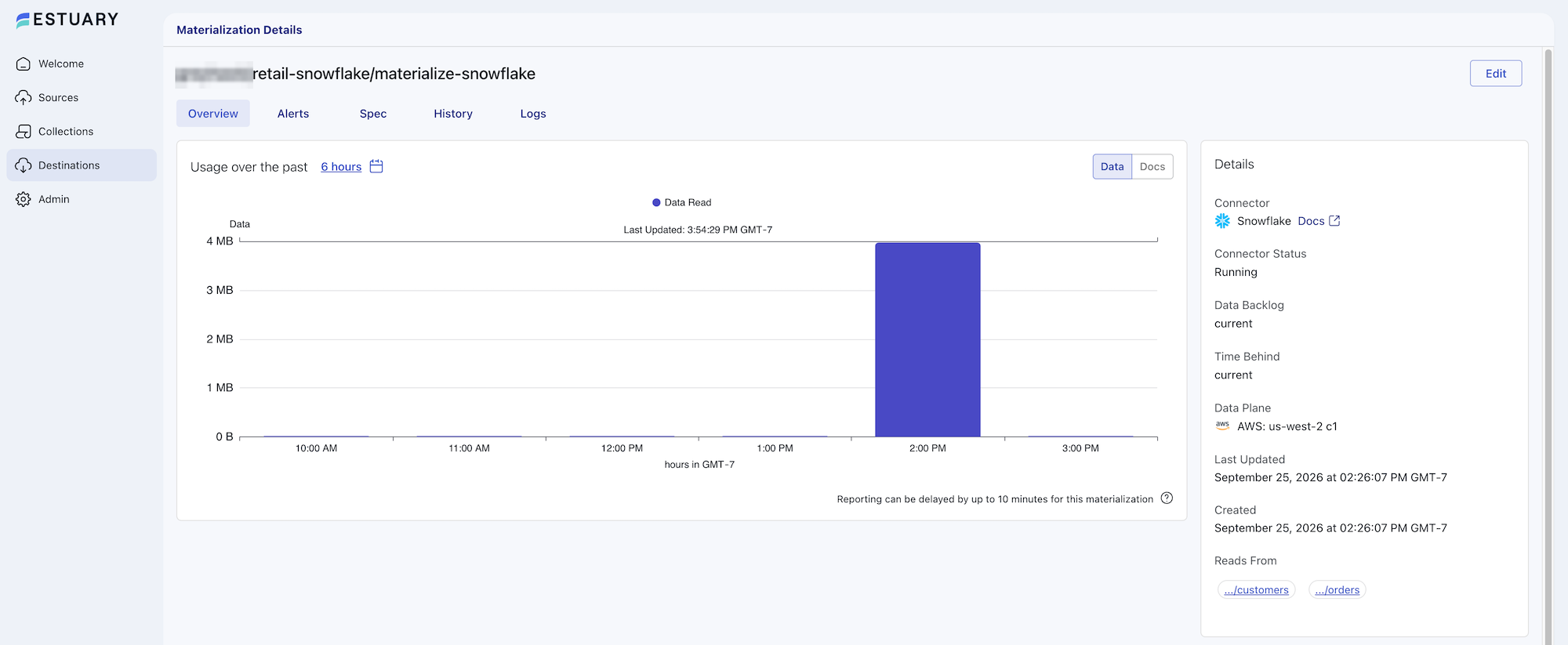 Snowflake materialization details in Estuary after the initial load, with Data Backlog and Time Behind both current