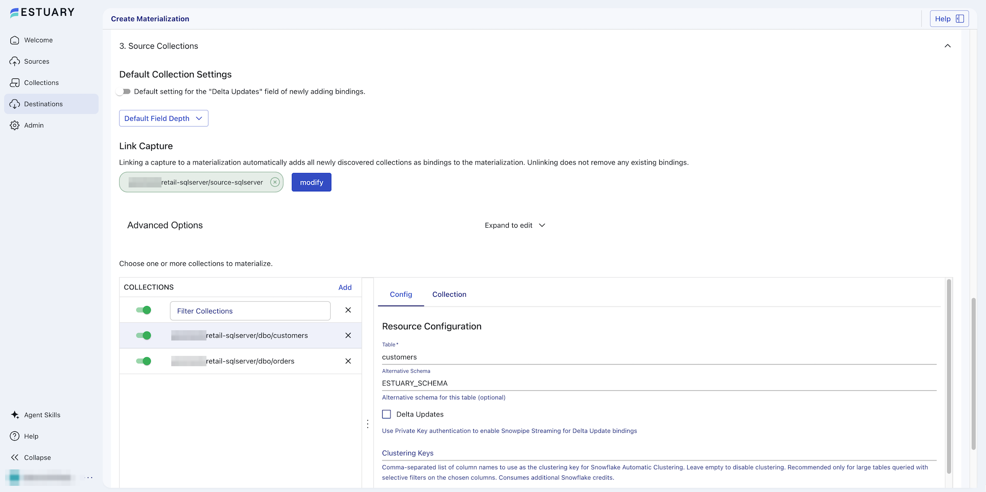 Source collections linked to the Snowflake materialization, with delta updates off