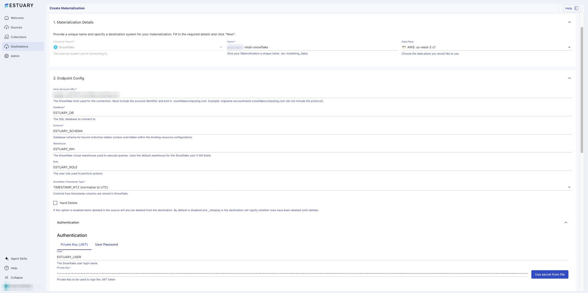Snowflake materialization endpoint configuration in Estuary