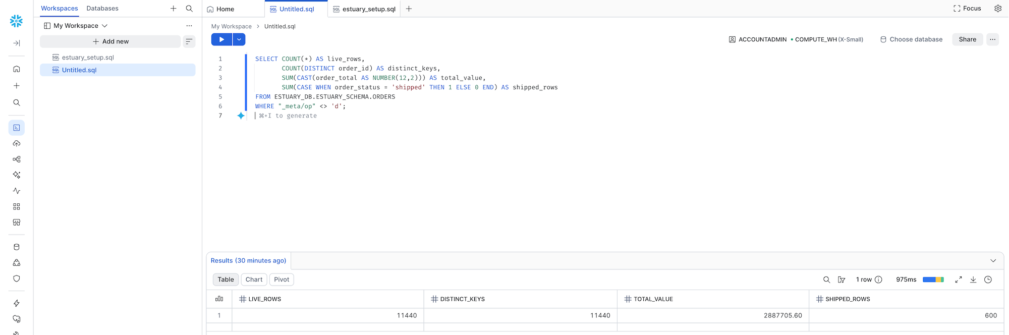 Snowflake validation query result in a Snowsight workspace