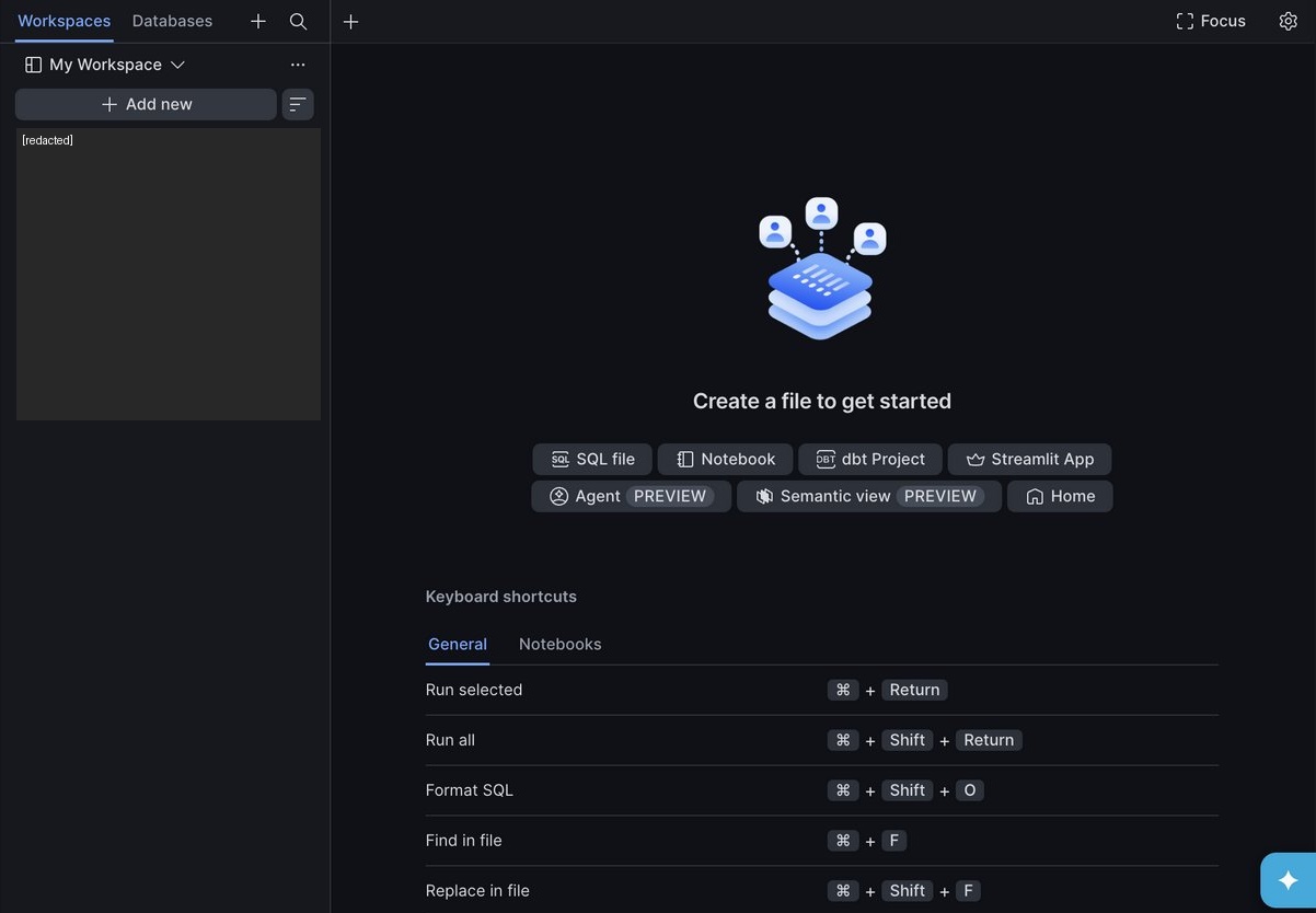 Workspaces landing page in Snowsight, with My Workspace selected and an Add new button above the file tree