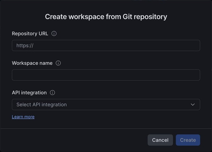 Empty Create workspace from Git repository dialog with repository URL, workspace name, API integration and authentication fields
