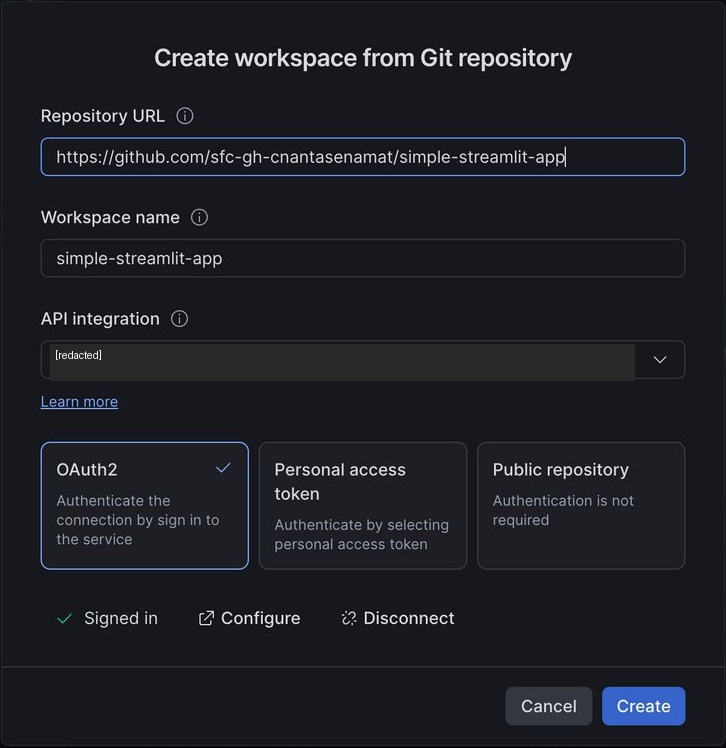 Create workspace dialog filled in with the simple-streamlit-app repository URL, the API integration selected, and OAuth2 chosen as the authentication method