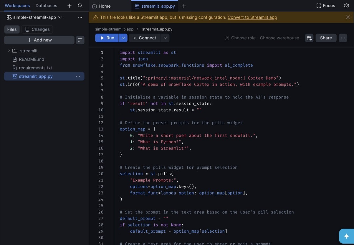 streamlit_app.py open in the editor with a banner saying the file looks like a Streamlit app but is missing configuration, offering Convert to Streamlit app