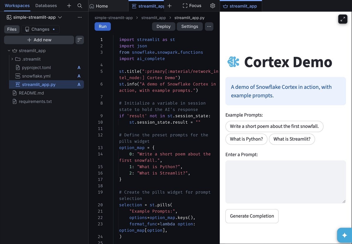 Private development preview of the Cortex Demo app with a title, an info banner, three example prompt pills and a text area