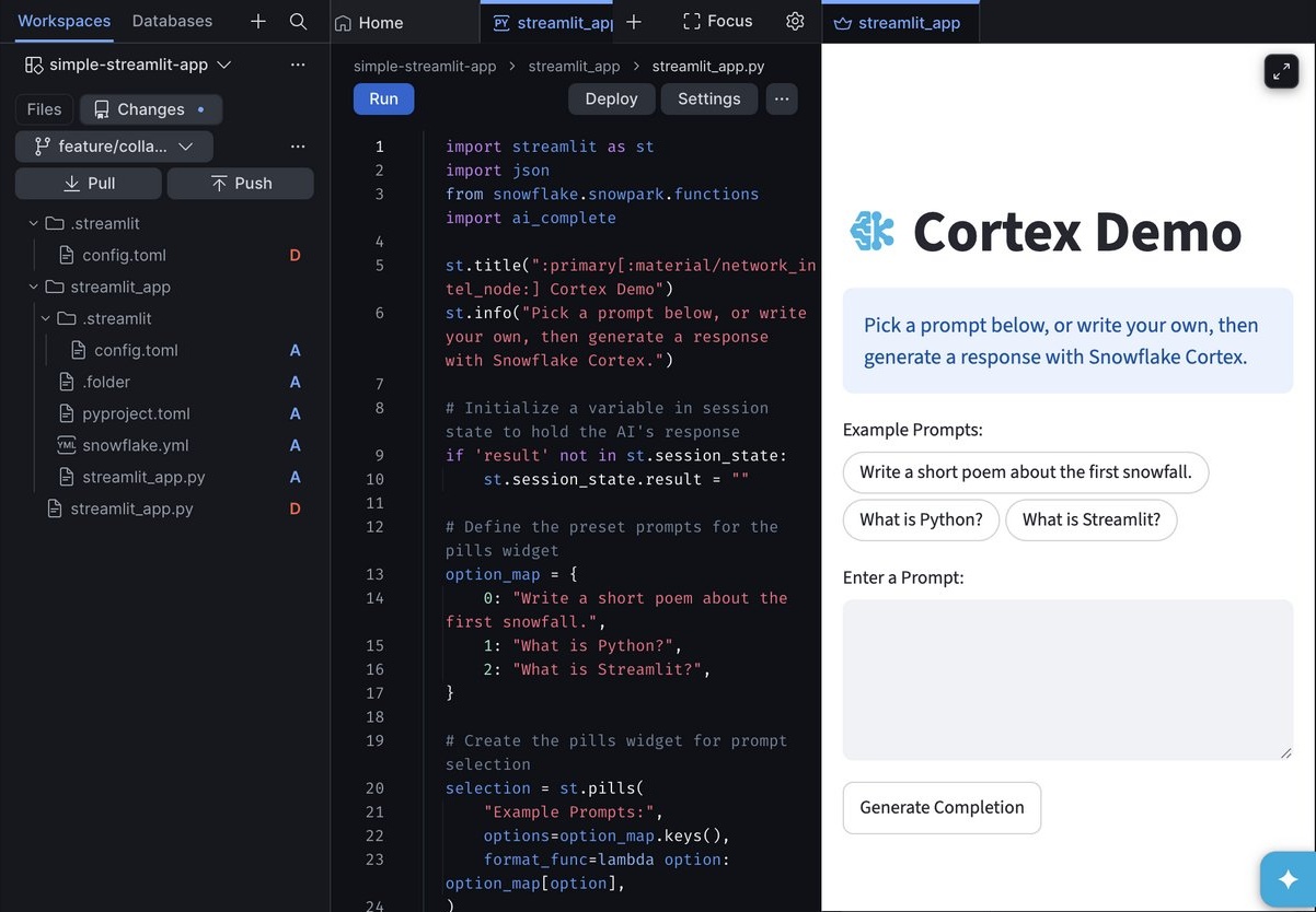 Changes tab on the feature/collab-tutorial branch listing the root config.toml and streamlit_app.py as deleted and the streamlit_app folder files as added, next to the updated app preview