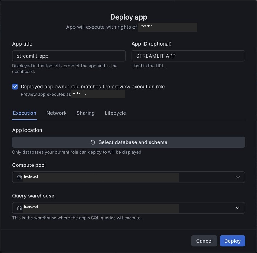 Deploy app dialog with the app title streamlit_app, App ID STREAMLIT_APP, and the app location, compute pool and query warehouse settings