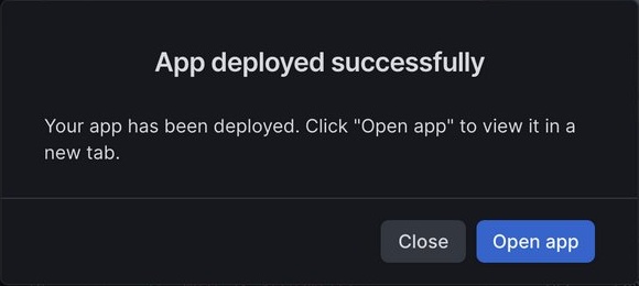 App deployed successfully confirmation with Close and Open app buttons