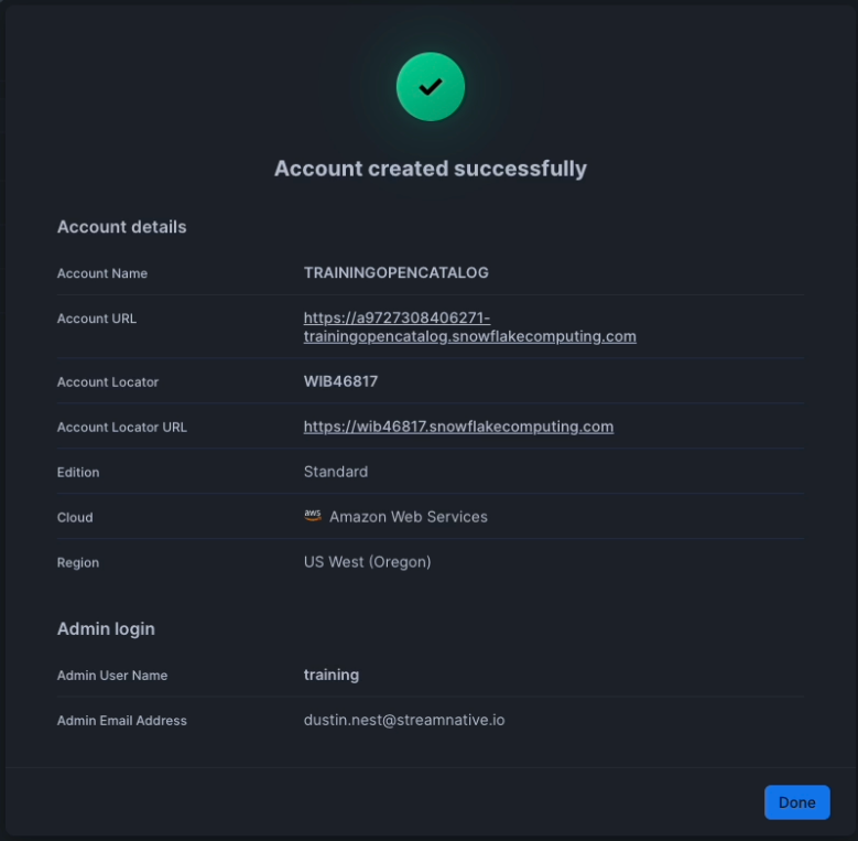 Create Snowflake Open Catalog Account Success