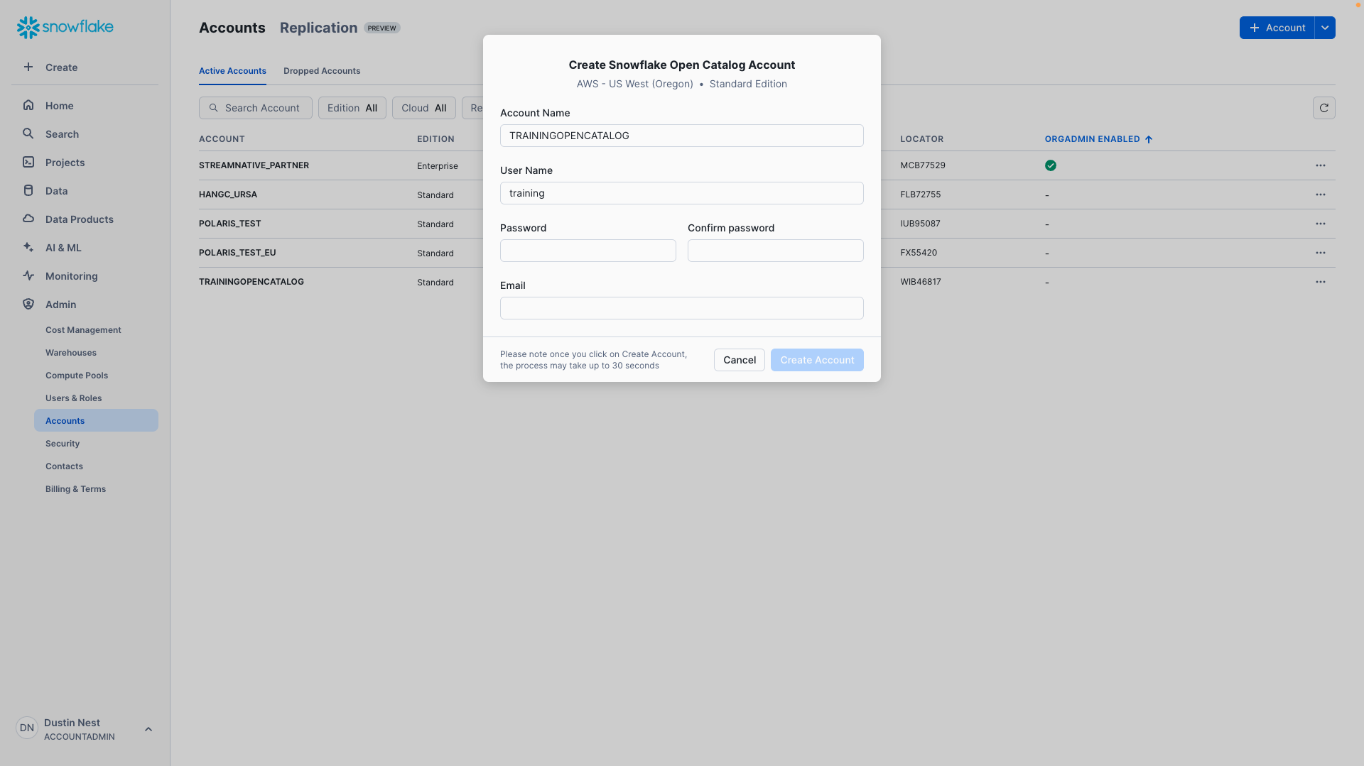 Create Snowflake Open Catalog Account Details