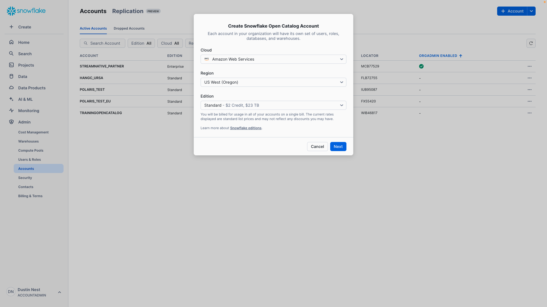 Create Snowflake Open Catalog Account Dialog