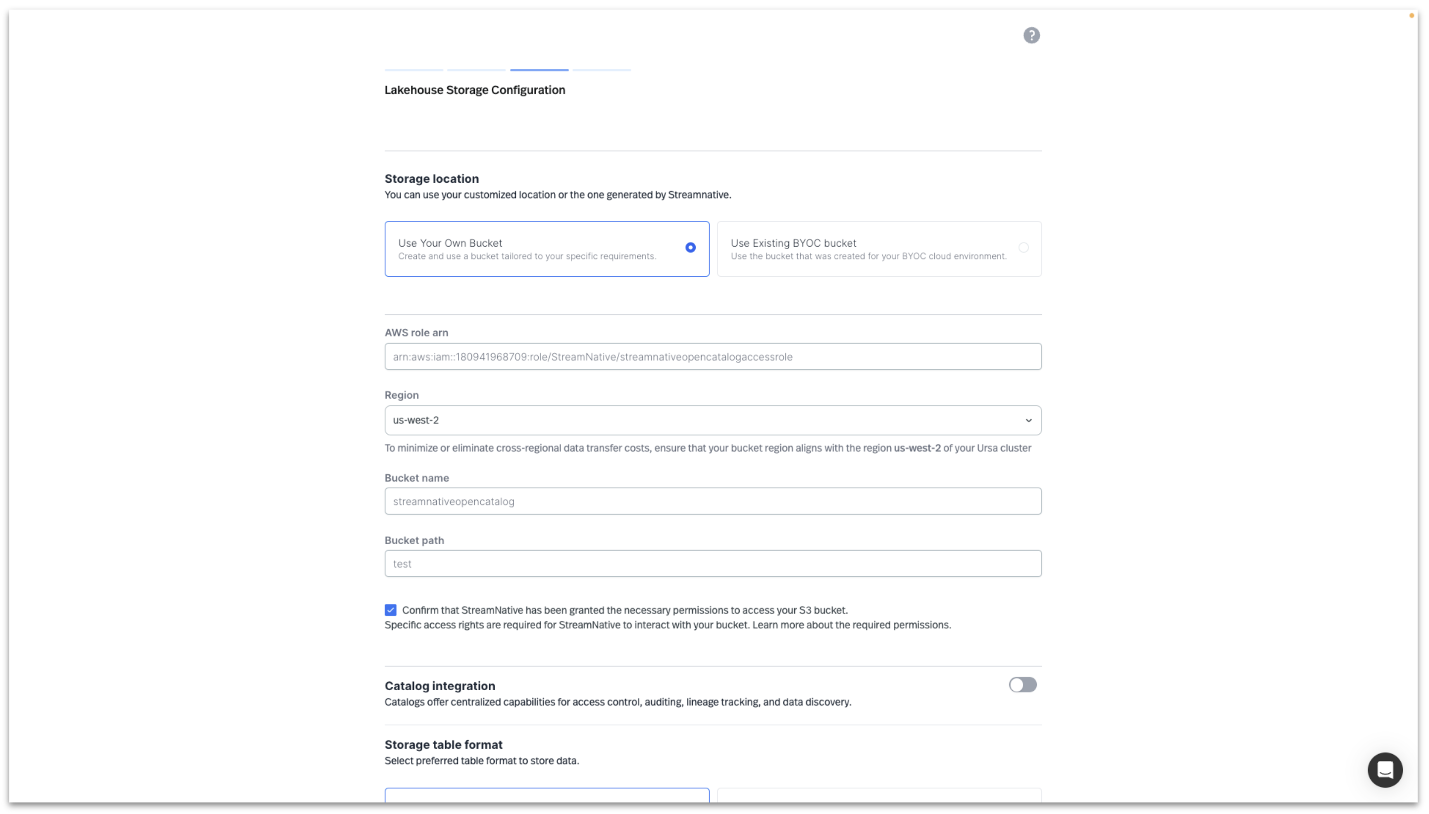 Enter Lakehouse Storage Configuration for User Bucket