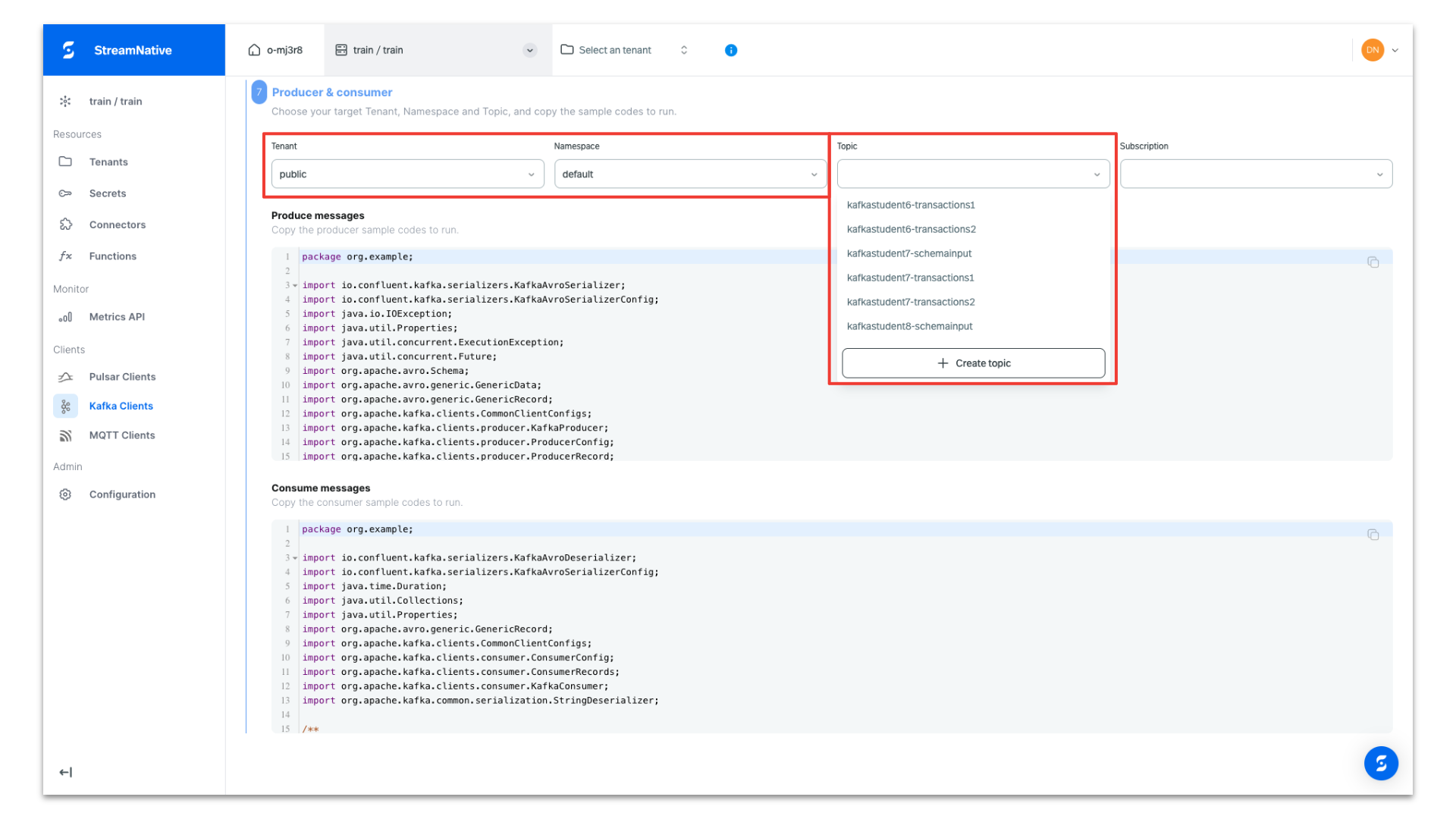 Select Tenant, Namepsace, and Topic