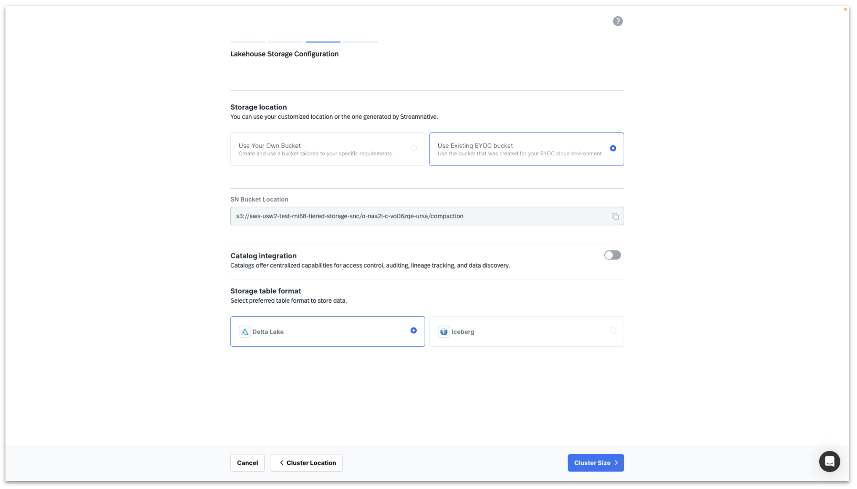 Enter Lakehouse Storage Configuration for Default Bucket