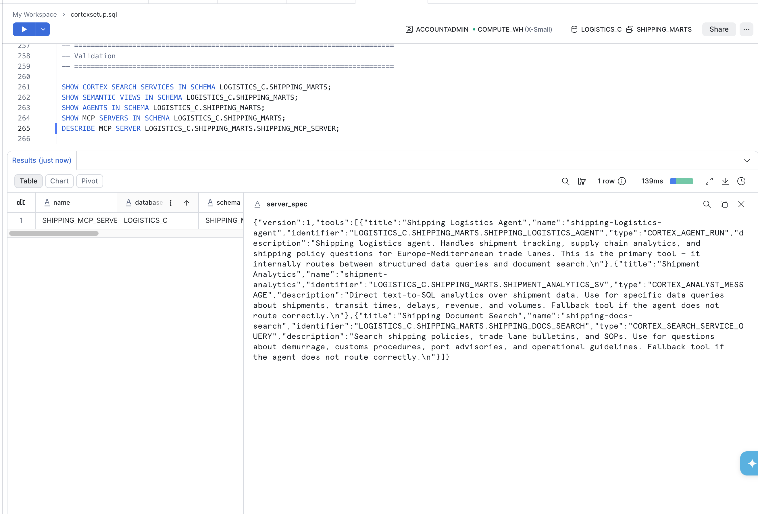 DESCRIBE MCP SERVER output in Snowsight