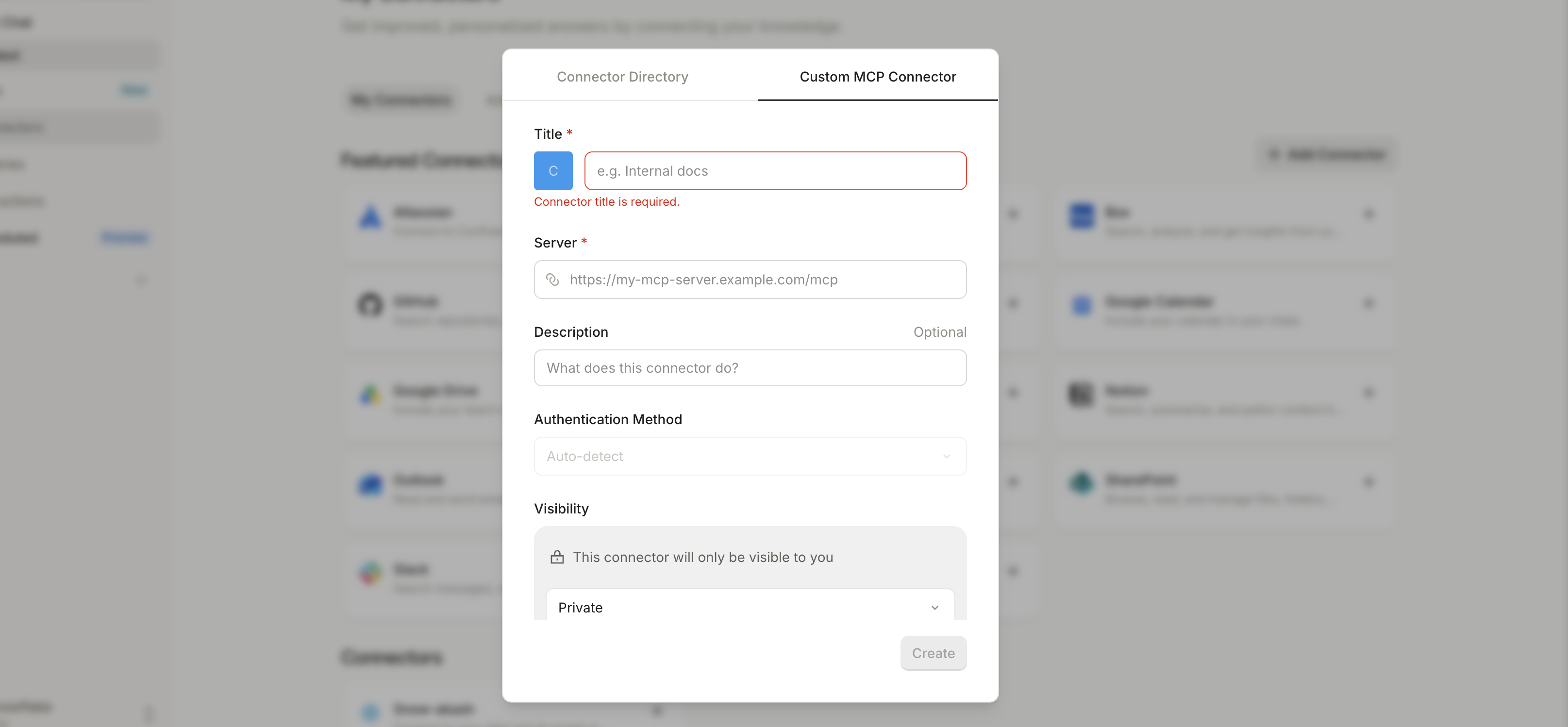 Create MCP Connector button