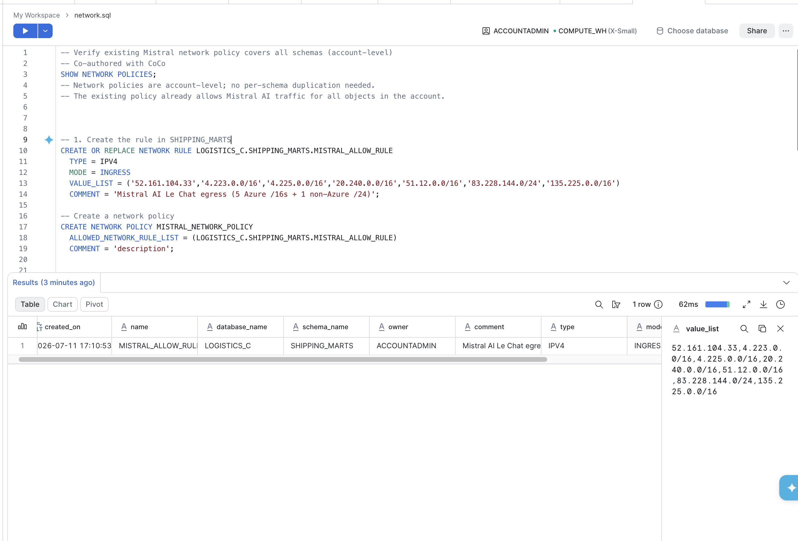 Network rule configuration in Snowsight
