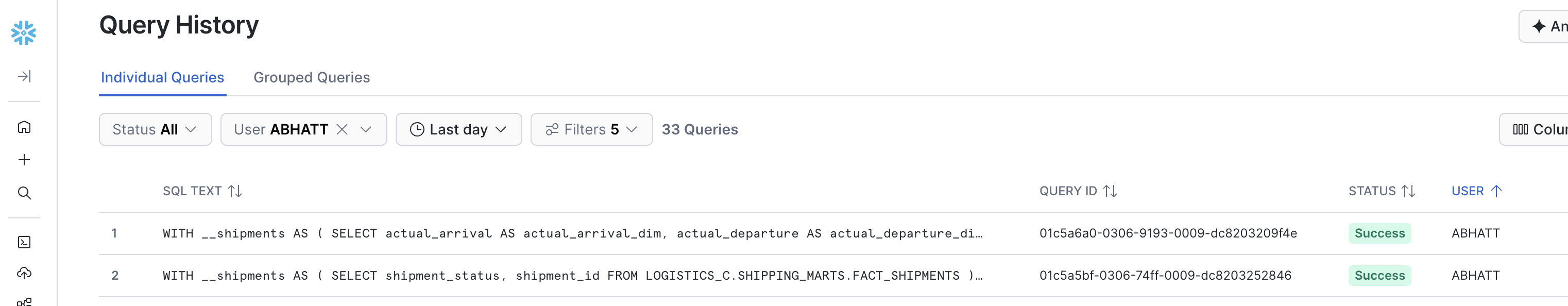 Query history showing MCP-originated queries